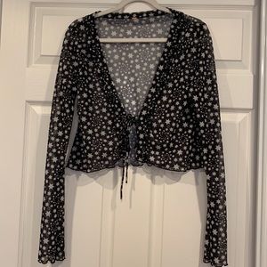Free People Black Sheer Star Print Tie-Front Top